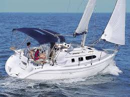Our Hunter 290 sailing under full sail with blue bimini